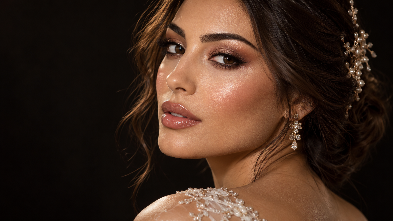 Luminous bridal makeup with warm rose tones